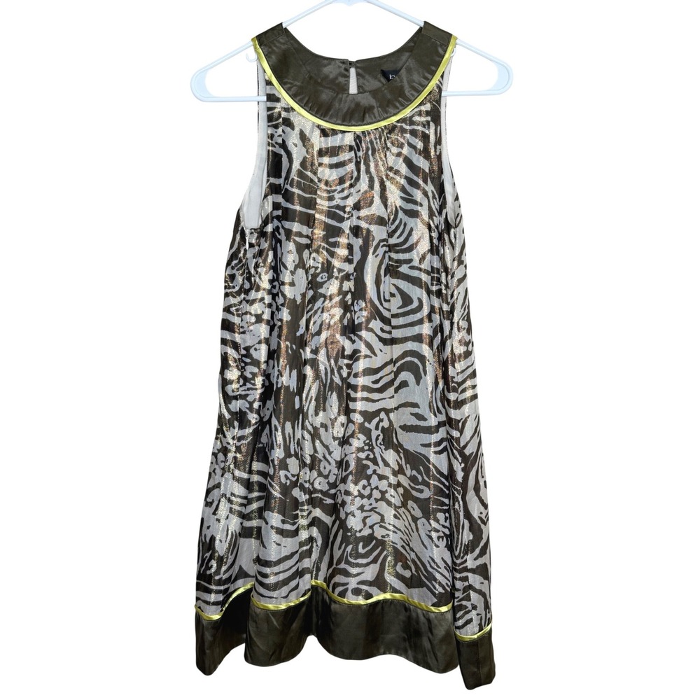 Bebe Mini Dress Women Small Brown Zebra Metallic 100% Silk Sleeveless Shift Y2K